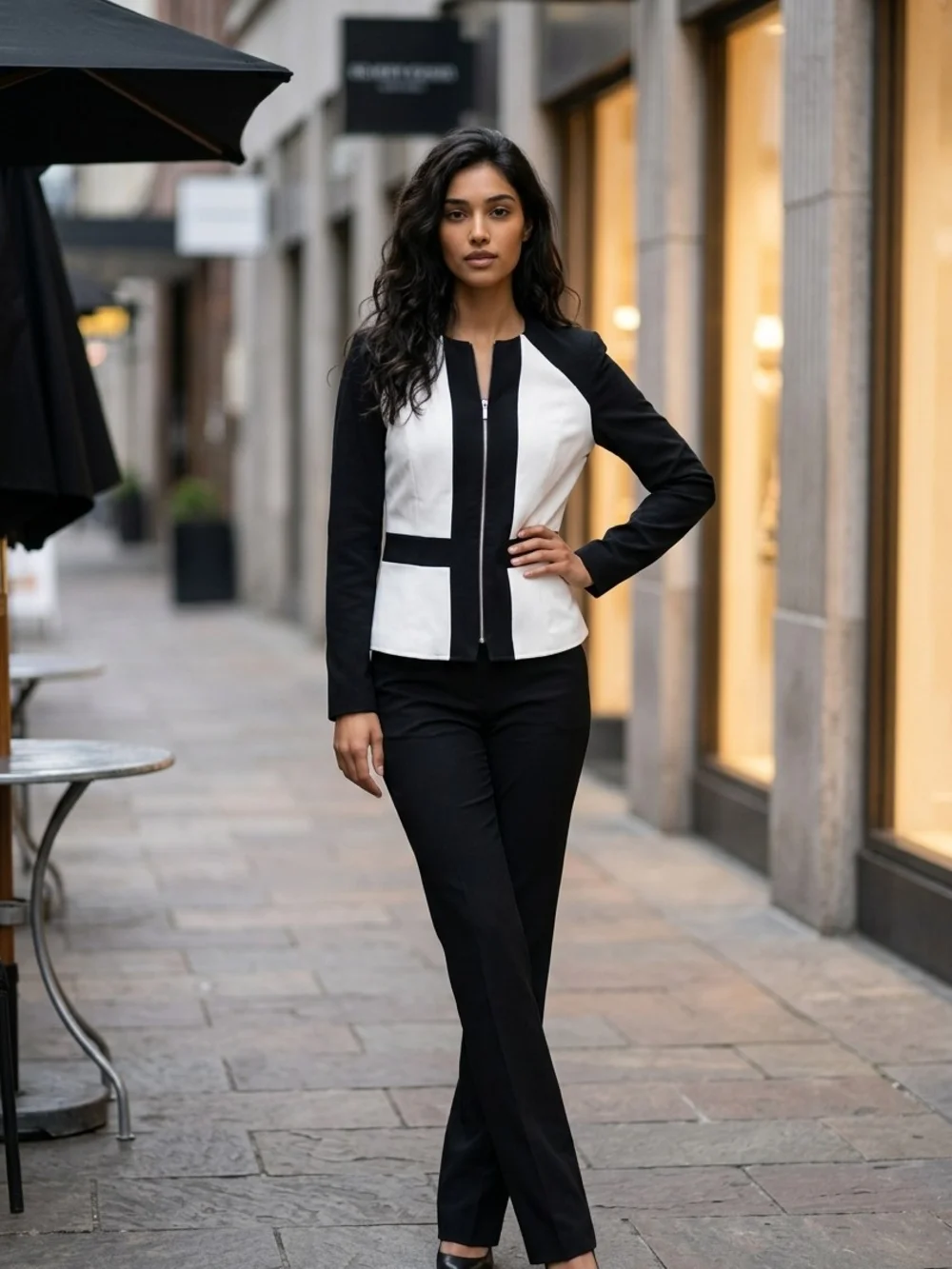 Evan-Picone Black and White Color-Block Full Zip Stretch Fabric Blazer 12P EUC